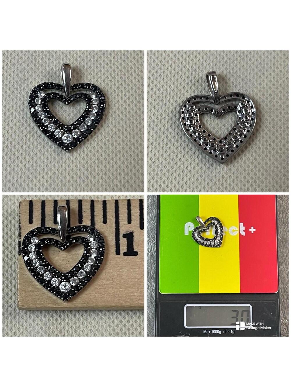 Sterling Silver 925 Heart Pendant Black Clear Stones !!